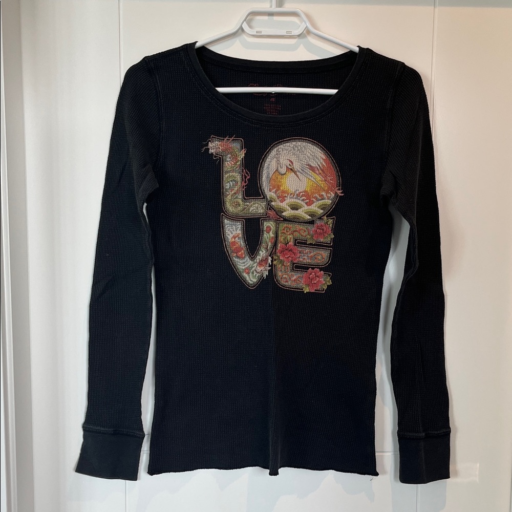 Lucky Brand Black Long Sleeve Tee with Love Graphic